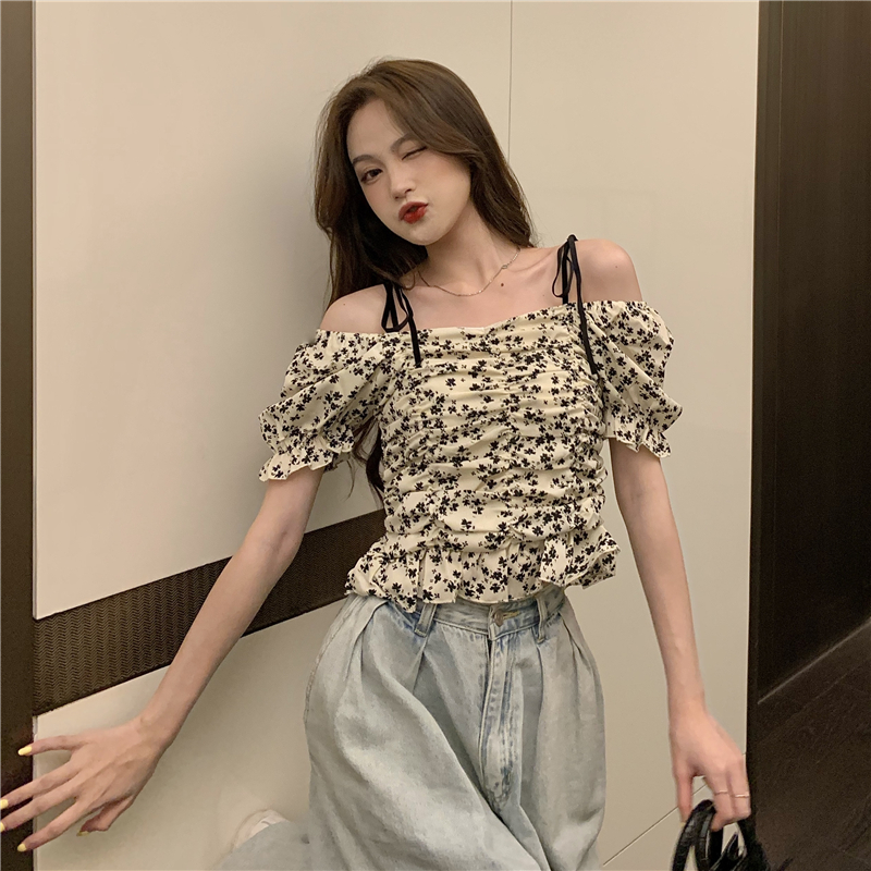 Chiffon puff sleeve summer floral sexy tops