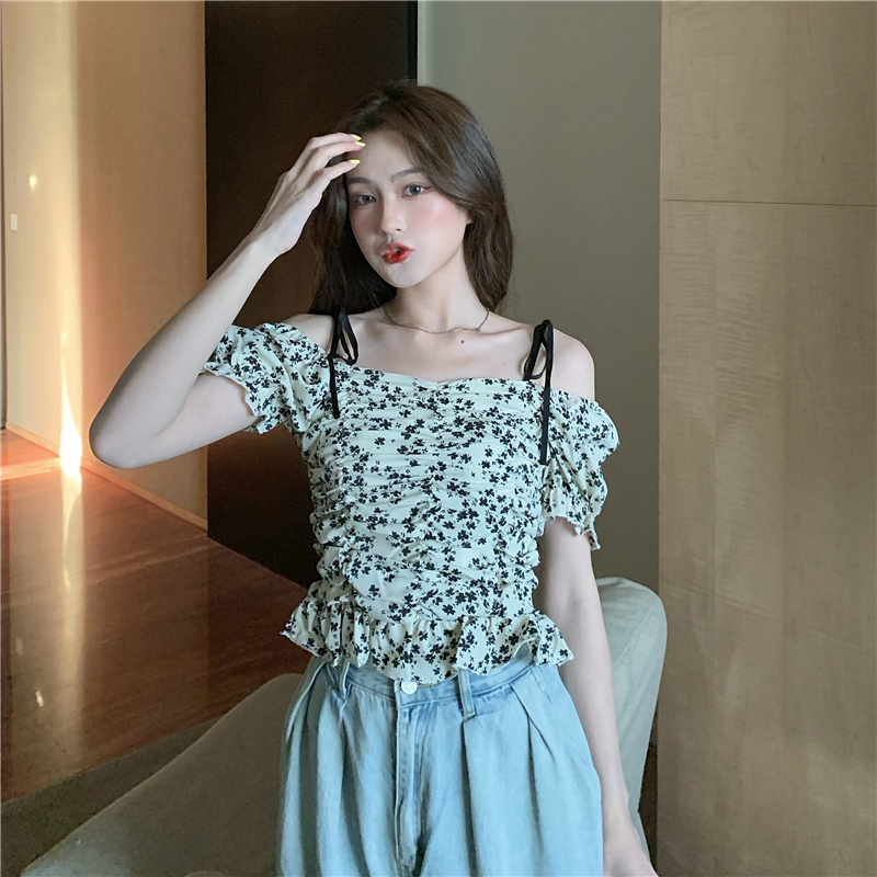 Chiffon puff sleeve summer floral sexy tops