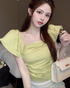 Square collar all-match puff sleeve slim pure tops