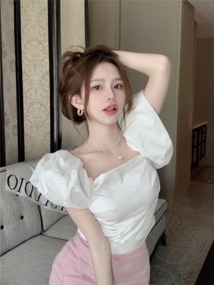 Square collar all-match puff sleeve slim pure tops