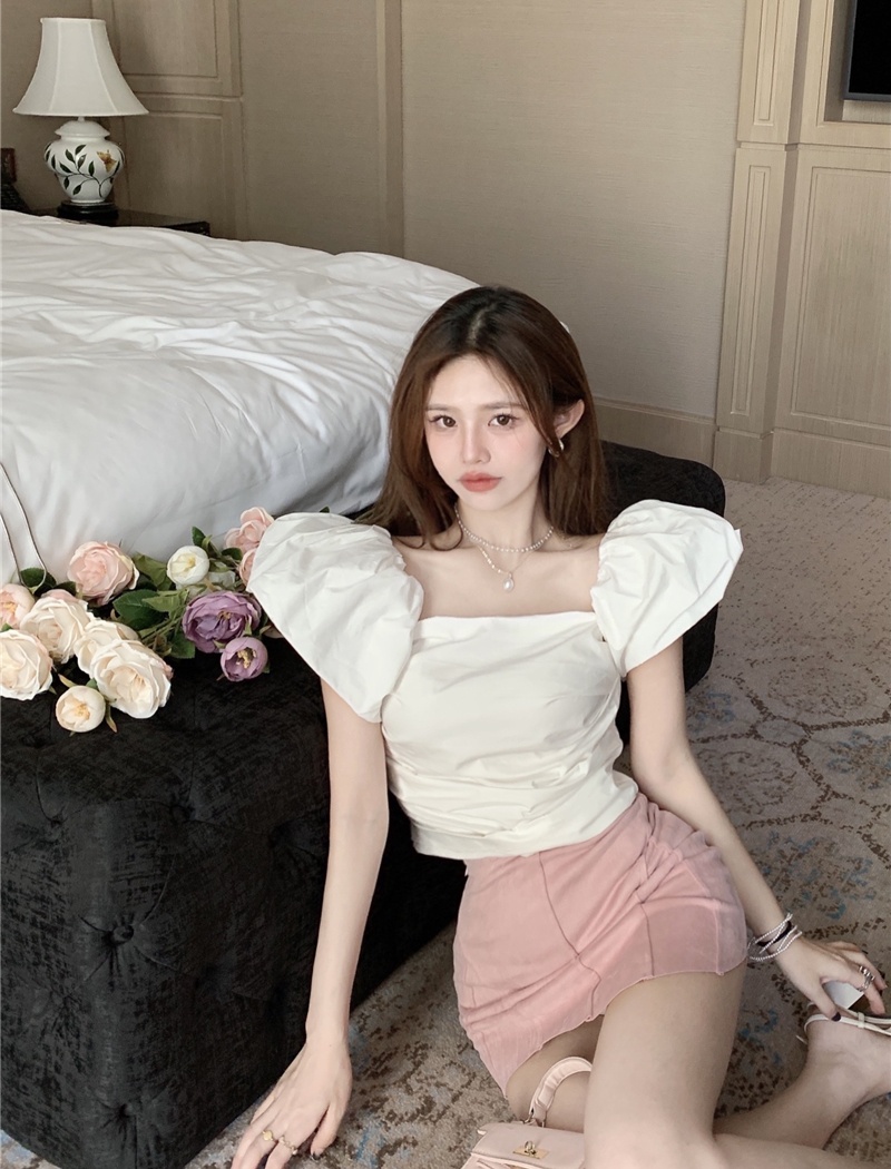 Square collar all-match puff sleeve slim pure tops