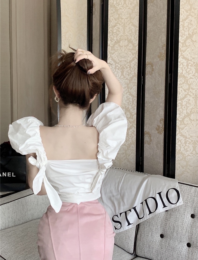 Square collar all-match puff sleeve slim pure tops