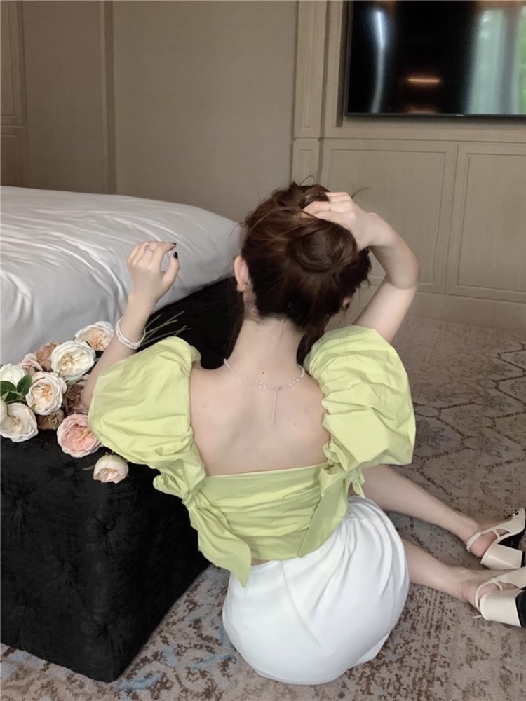 Square collar all-match puff sleeve slim pure tops