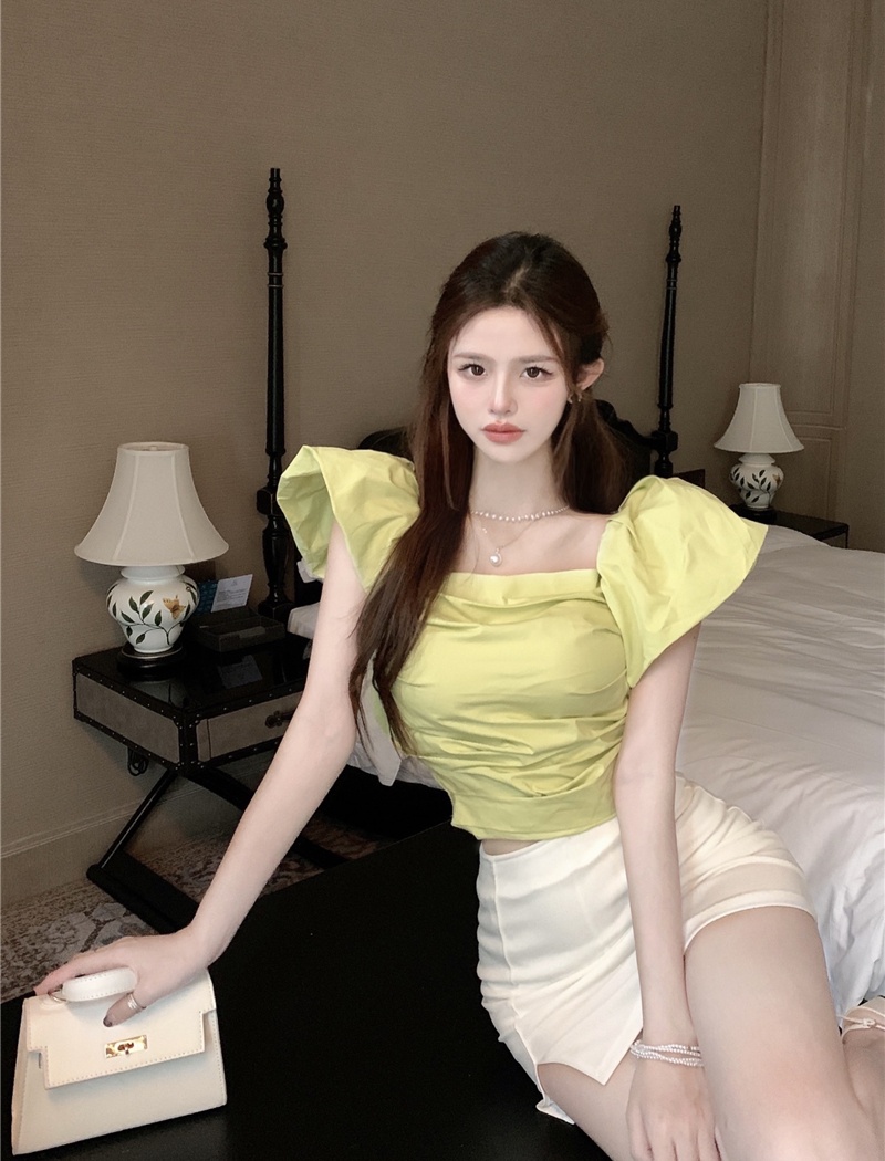 Square collar all-match puff sleeve slim pure tops