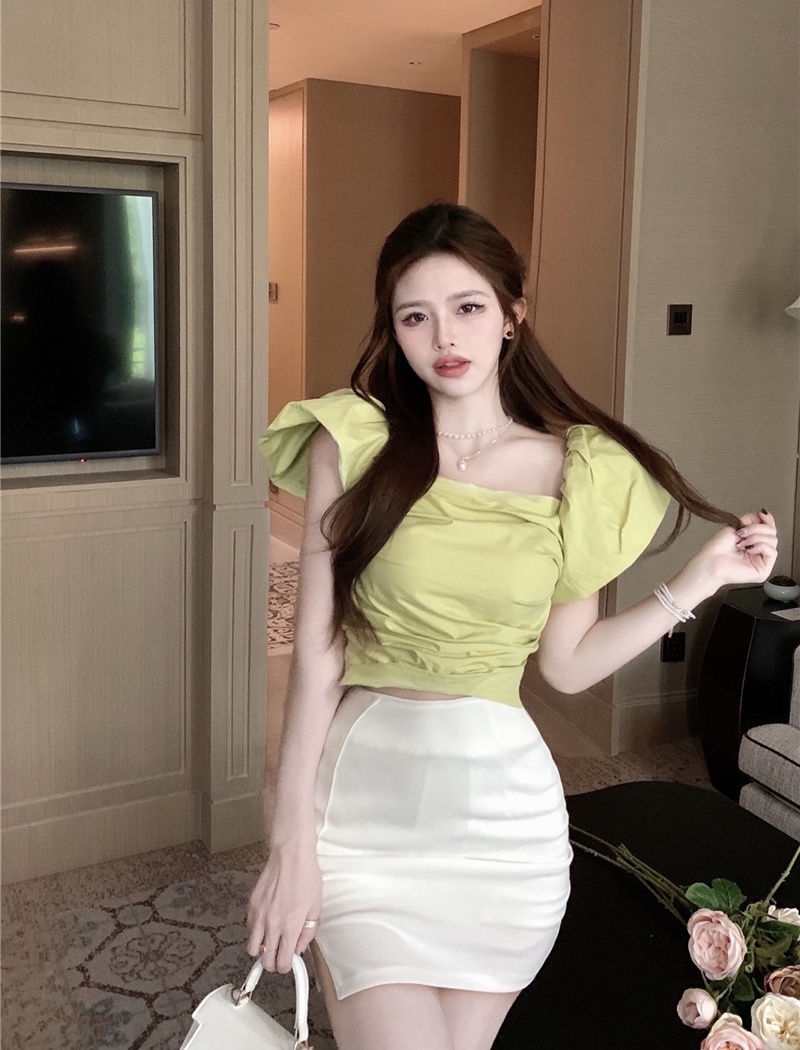 Square collar all-match puff sleeve slim pure tops