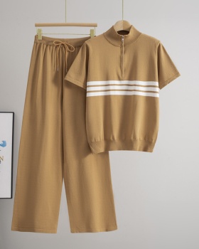 Summer wide leg pants half zip tops 2pcs set