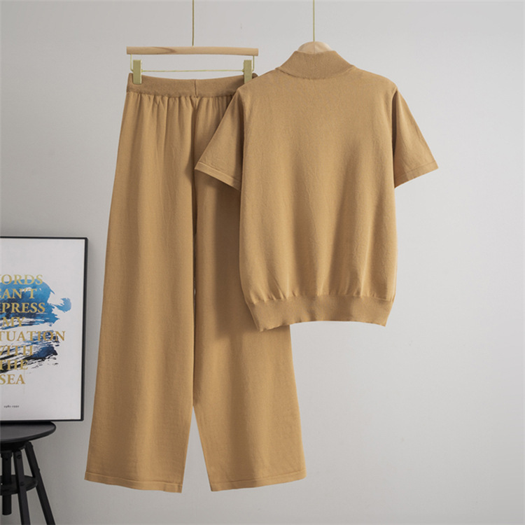 Summer wide leg pants half zip tops 2pcs set