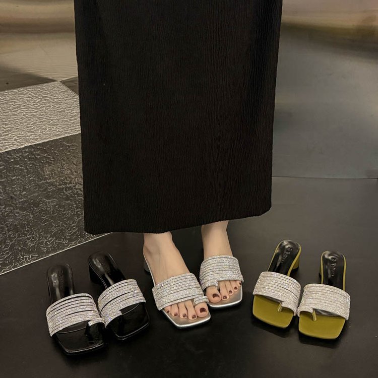 Round lady  France style square head slippers for women