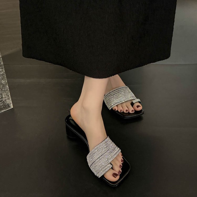Round lady  France style square head slippers for women