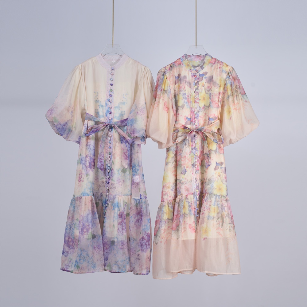 Temperament printing slim European style short sleeve dress