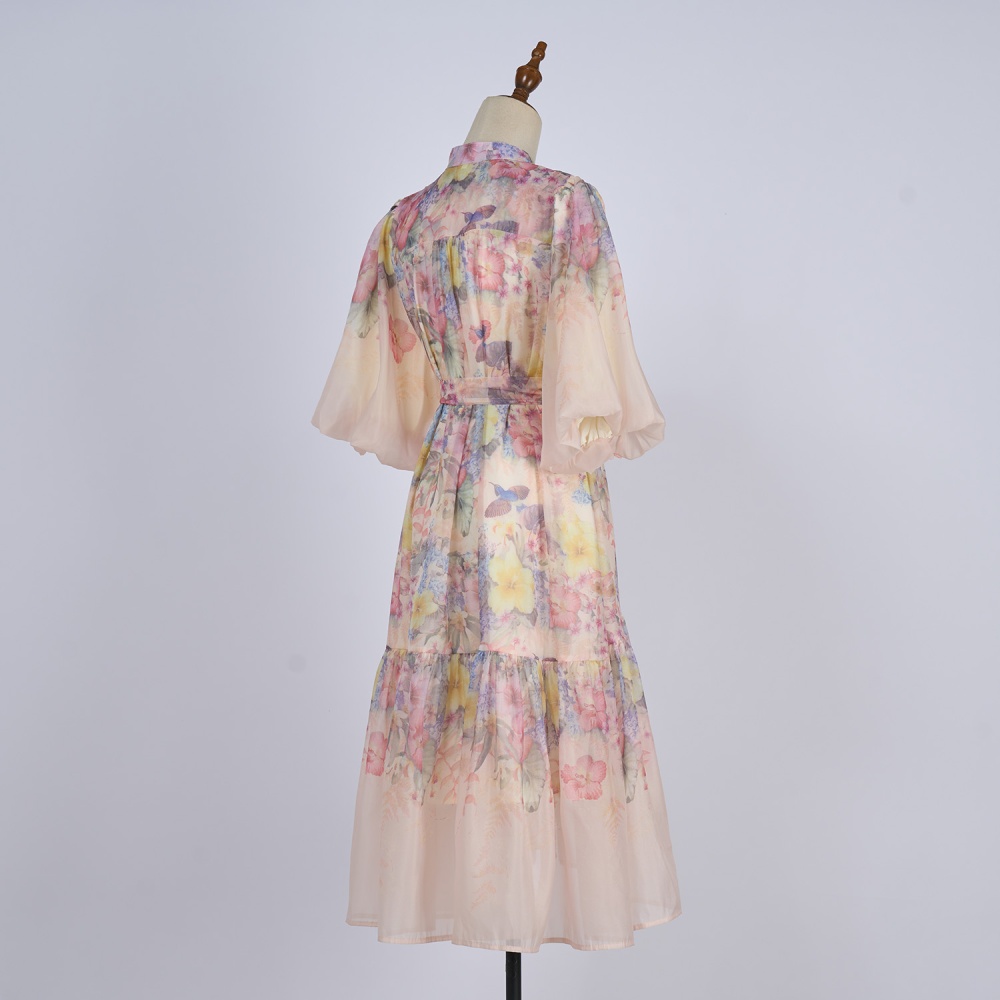 Temperament printing slim European style short sleeve dress