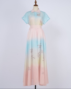 Lapel long slim skirt big skirt pattern shirt a set