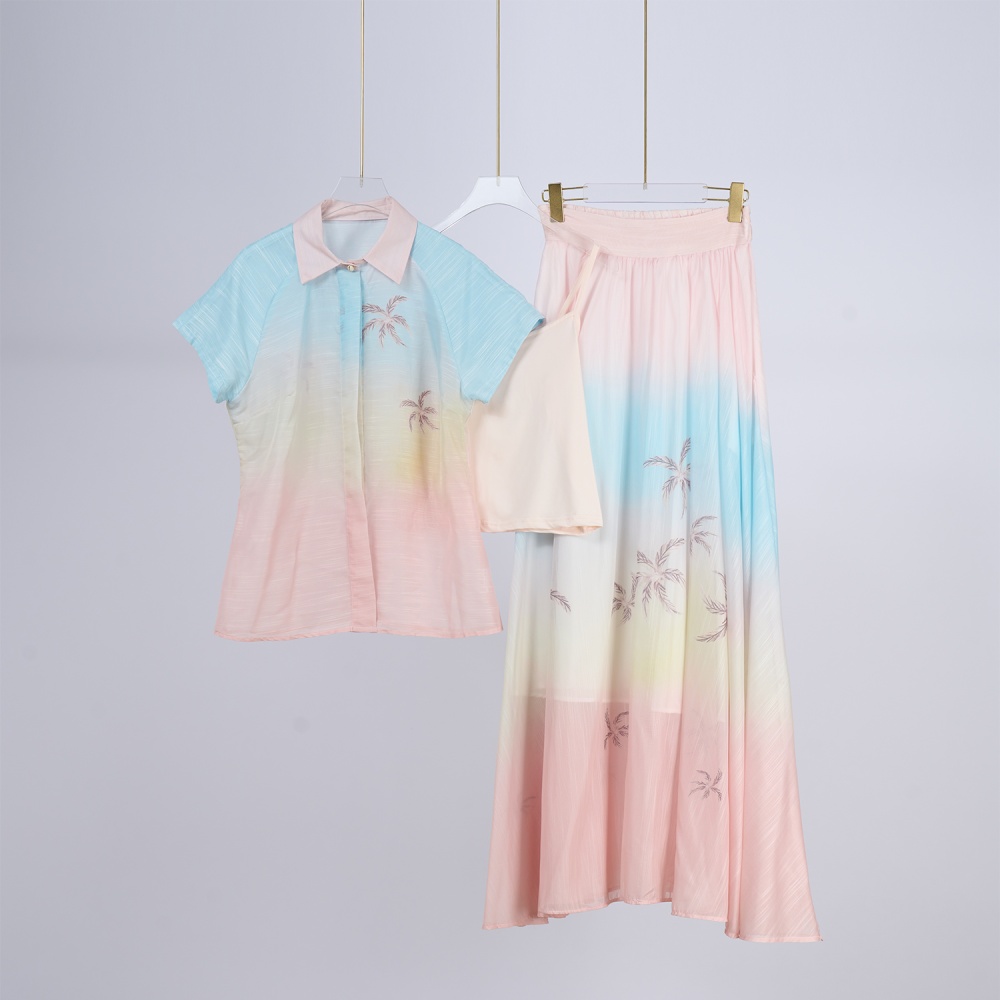 Lapel long slim skirt big skirt pattern shirt a set