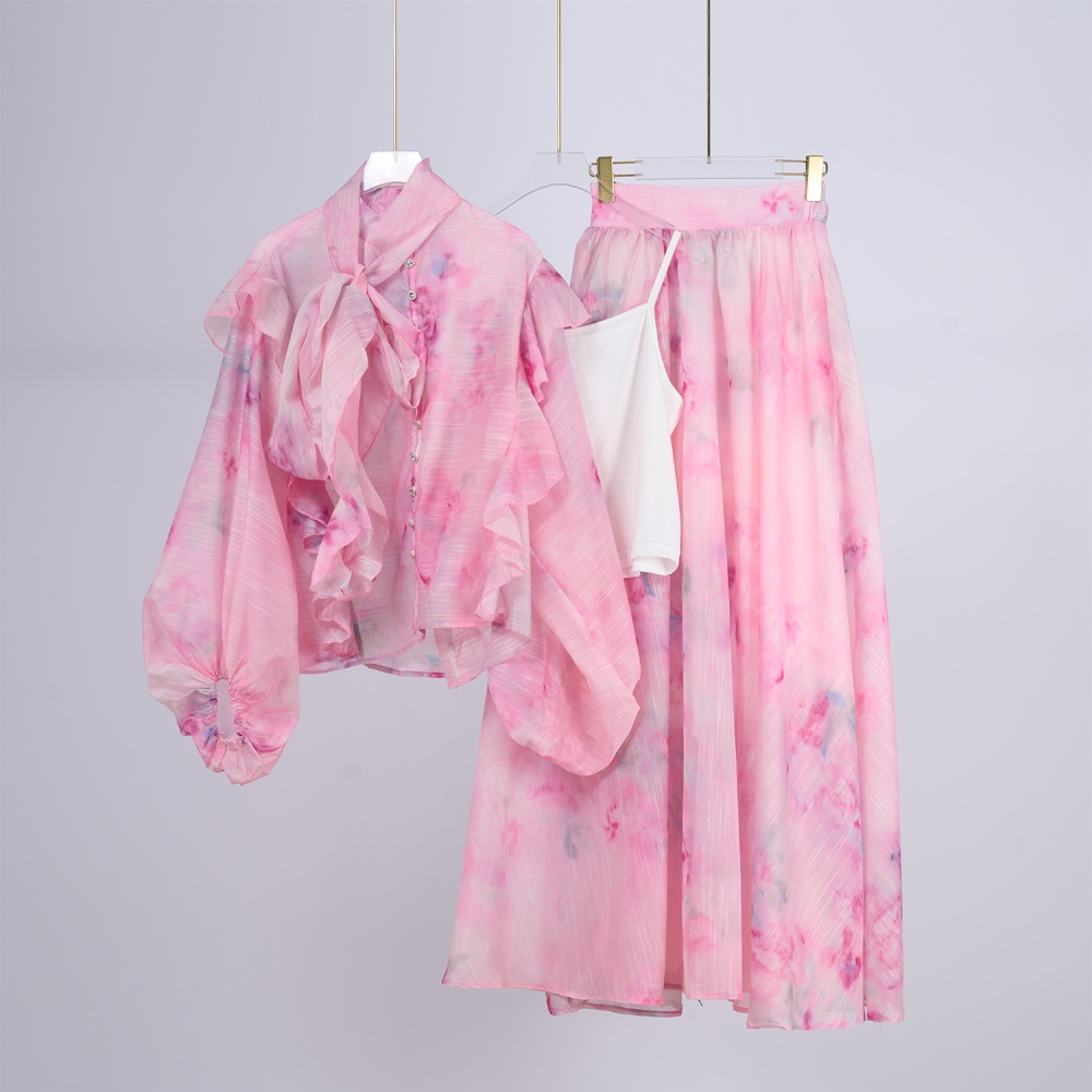 Silk linen spring shirt collocation high waist skirt