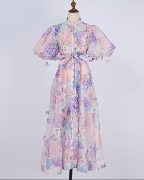 Catwalk sling puff sleeve stereoscopic printing court style dress
