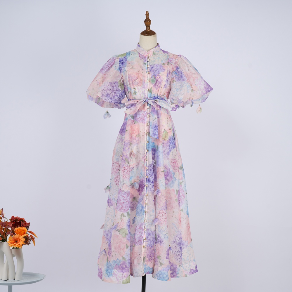 Catwalk sling puff sleeve stereoscopic printing court style dress