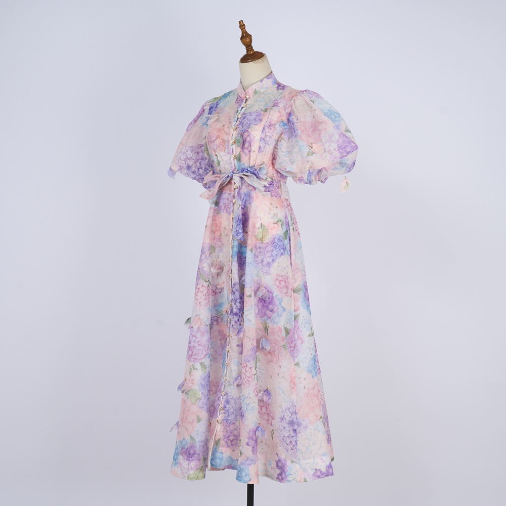 Catwalk sling puff sleeve stereoscopic printing court style dress