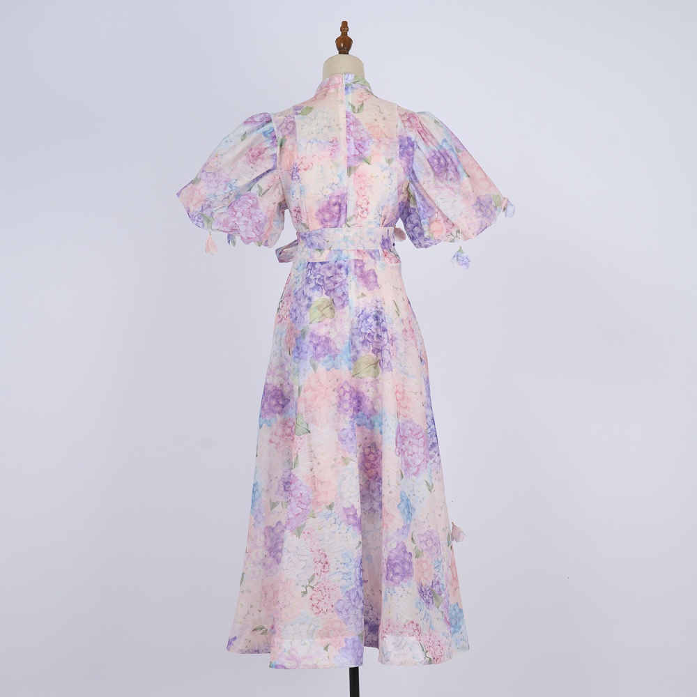Catwalk sling puff sleeve stereoscopic printing court style dress
