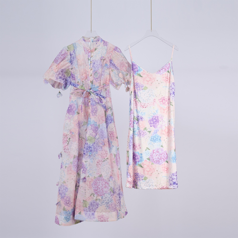 Catwalk sling puff sleeve stereoscopic printing court style dress