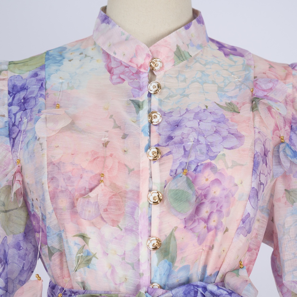 Catwalk sling puff sleeve stereoscopic printing court style dress