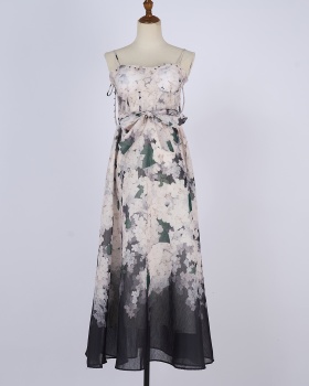 Sling printing niche V-neck pinched waist silk flax dress