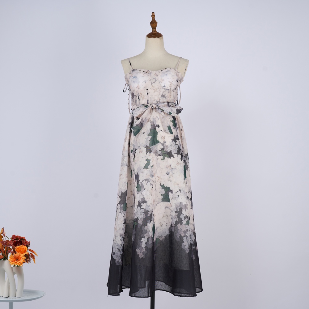 Sling printing niche V-neck pinched waist silk flax dress