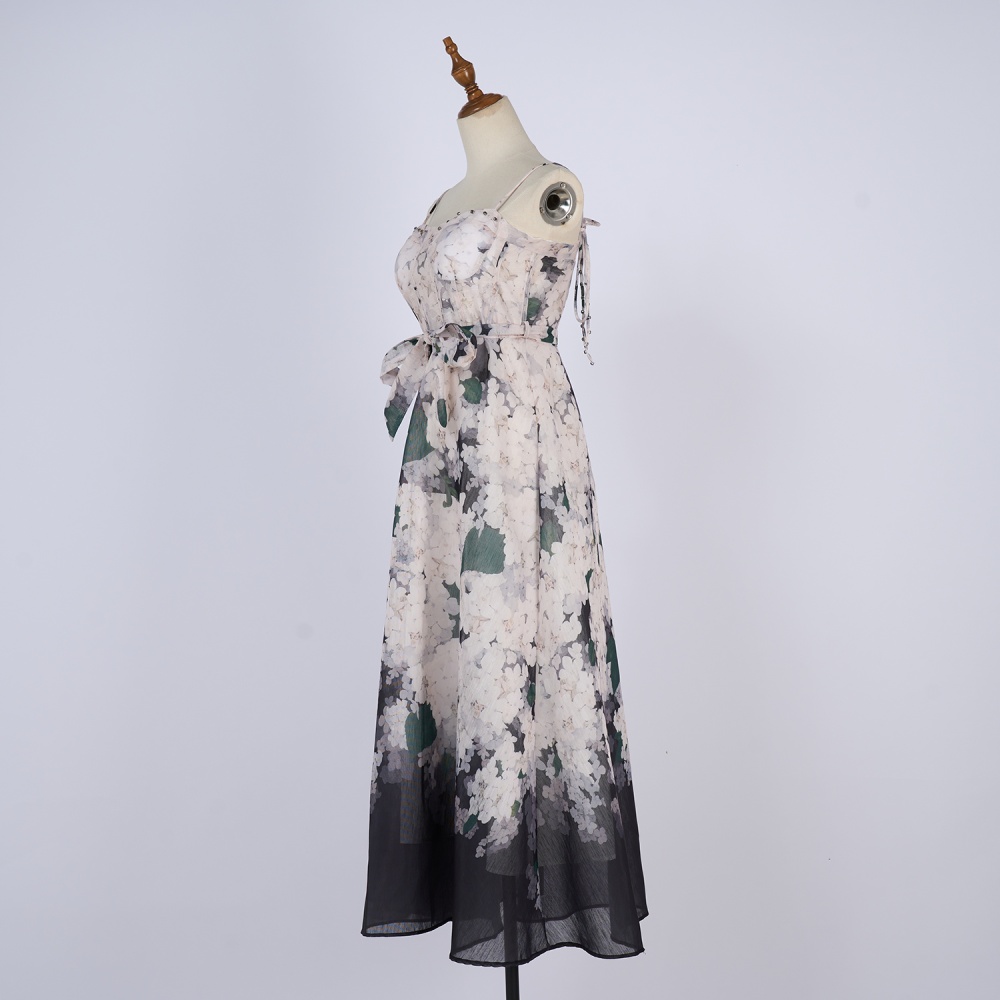 Sling printing niche V-neck pinched waist silk flax dress