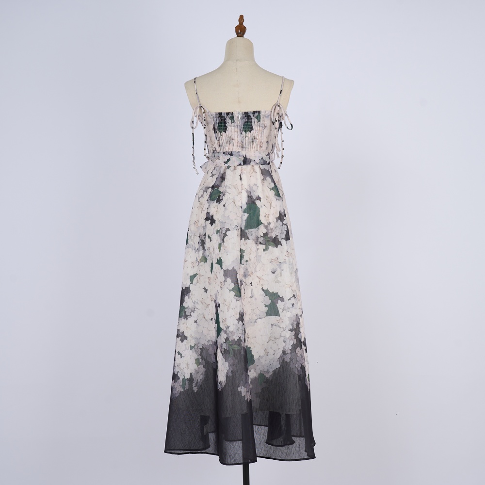 Sling printing niche V-neck pinched waist silk flax dress
