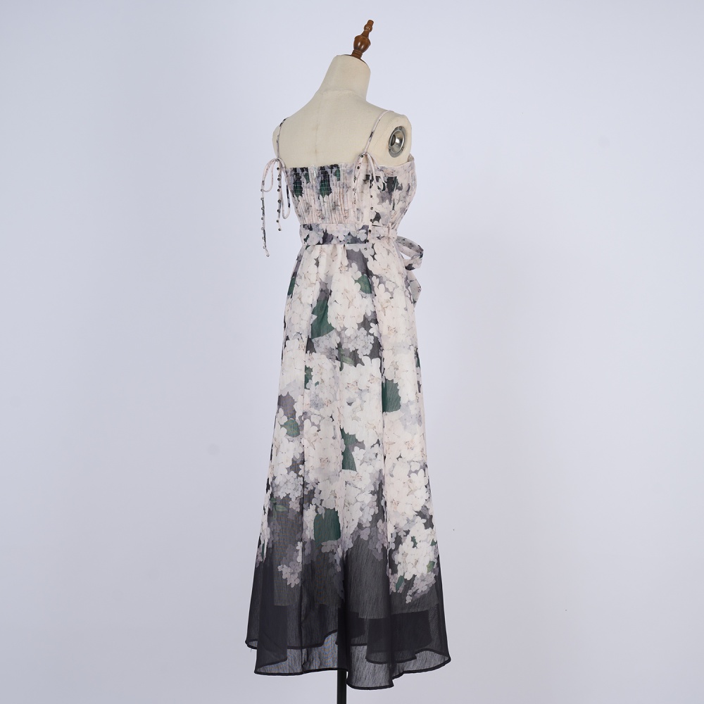Sling printing niche V-neck pinched waist silk flax dress