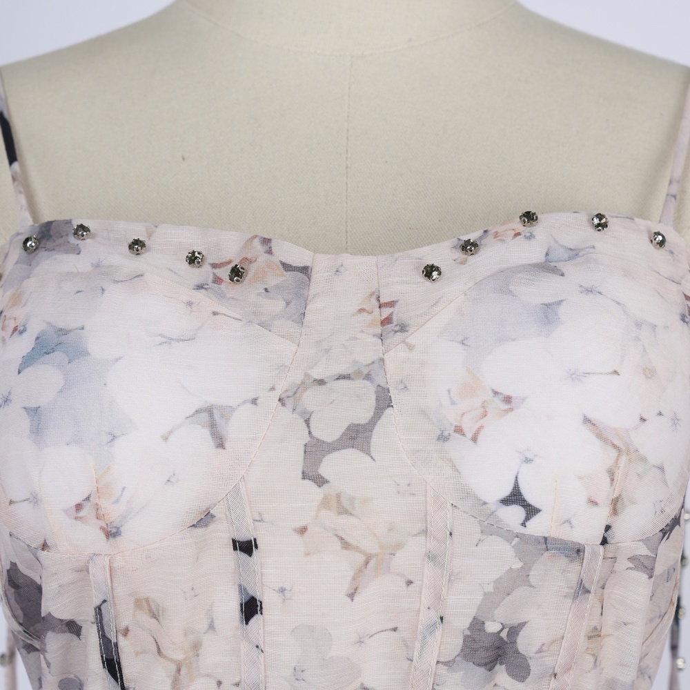 Sling printing niche V-neck pinched waist silk flax dress