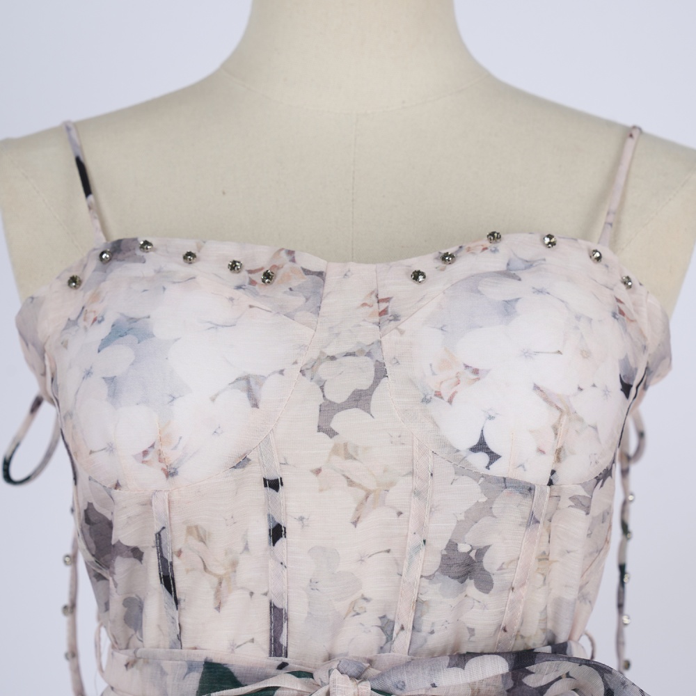 Sling printing niche V-neck pinched waist silk flax dress