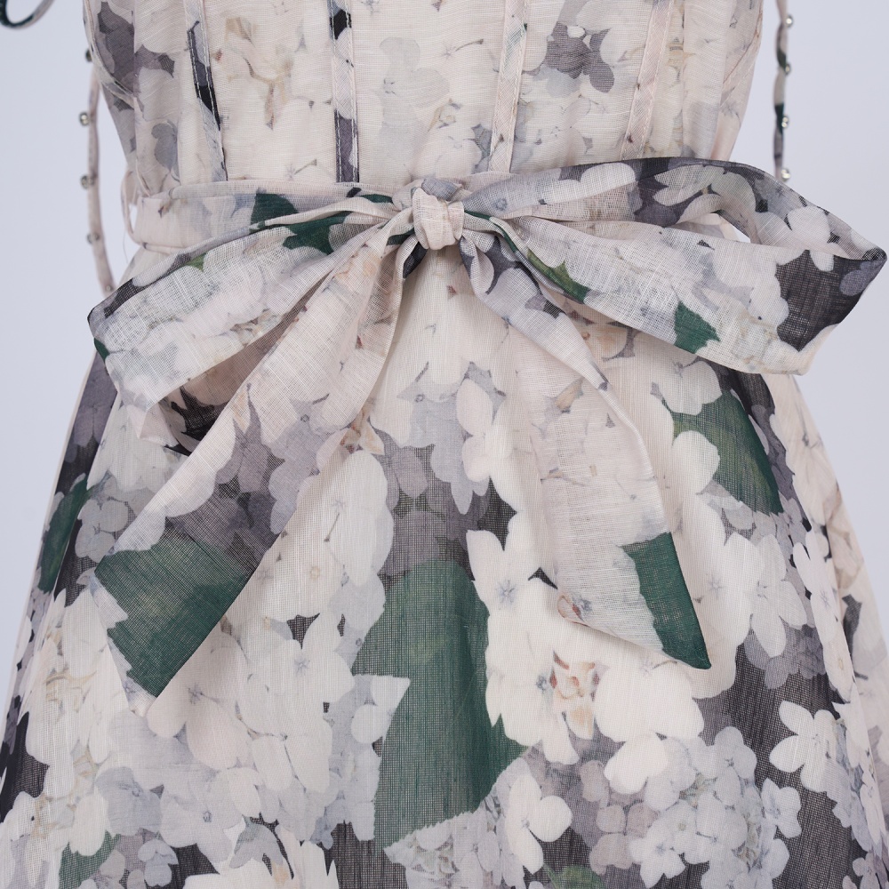 Sling printing niche V-neck pinched waist silk flax dress