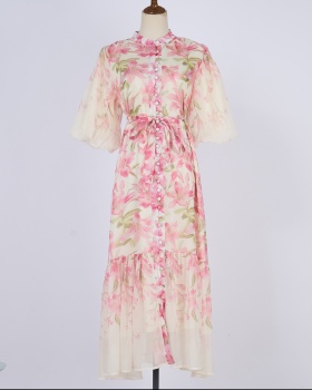 Summer loose waist dress puff sleeve long dress