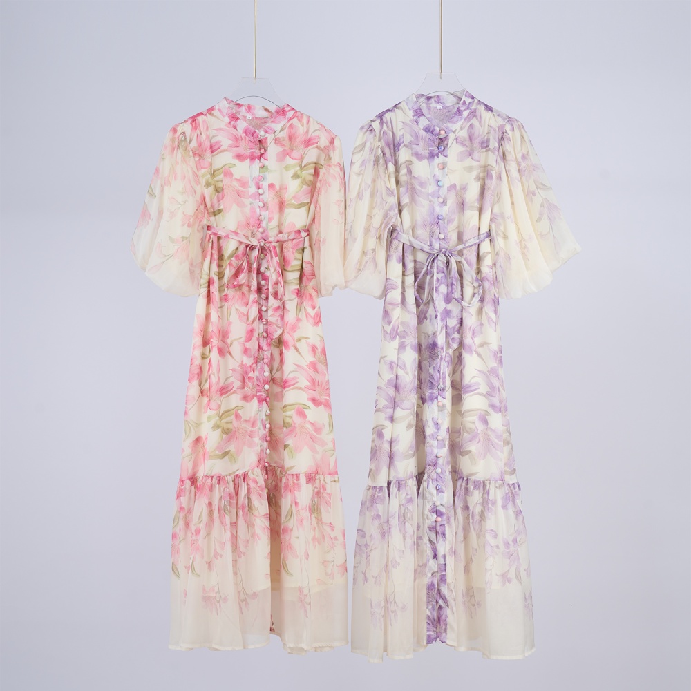 Summer loose waist dress puff sleeve long dress