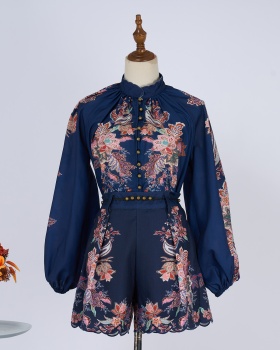 Niche printing embroidery silk flax shorts a set