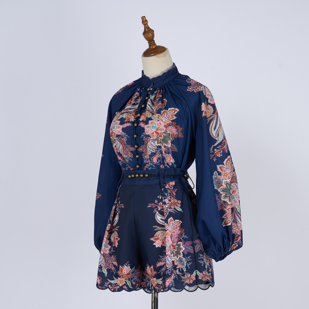 Niche printing embroidery silk flax shorts a set
