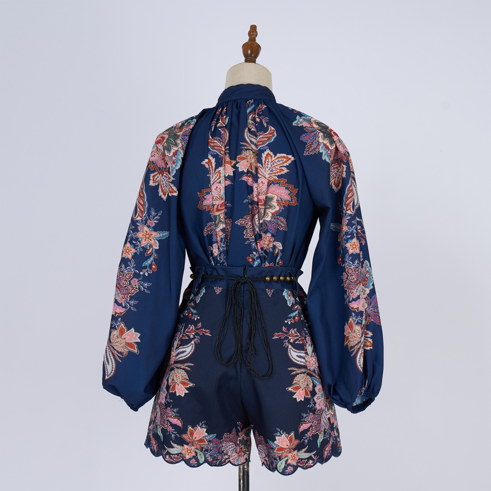 Niche printing embroidery silk flax shorts a set
