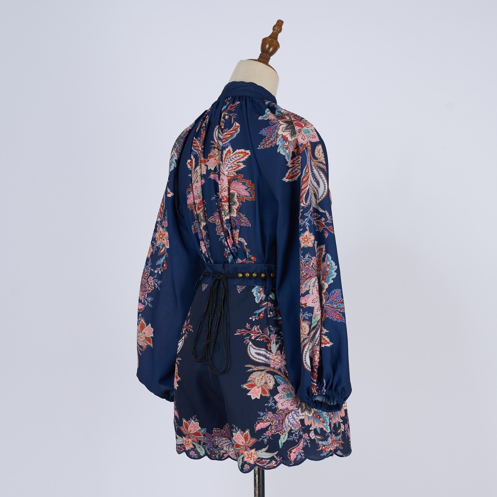 Niche printing embroidery silk flax shorts a set