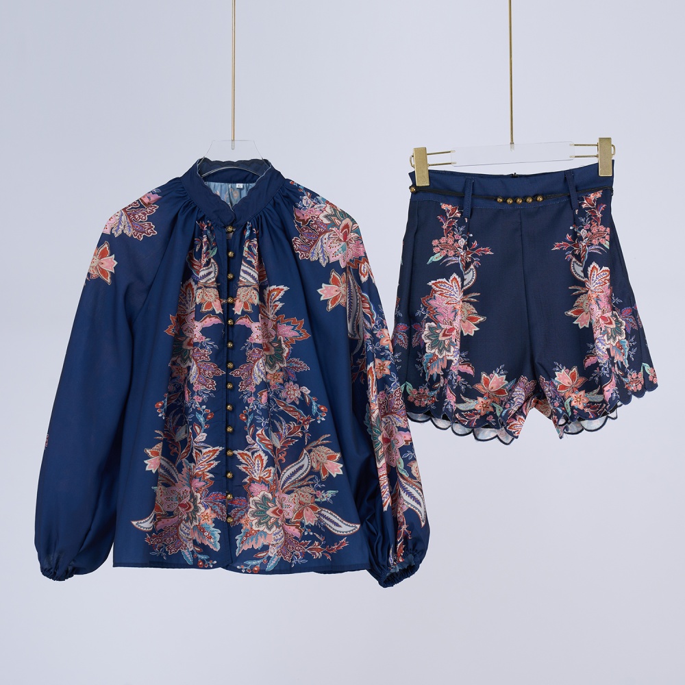 Niche printing embroidery silk flax shorts a set
