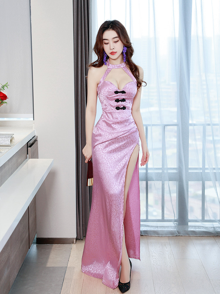 Split Chinese style cheongsam satin long dress