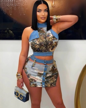 Split sexy sling bandage printing elegant tops a set