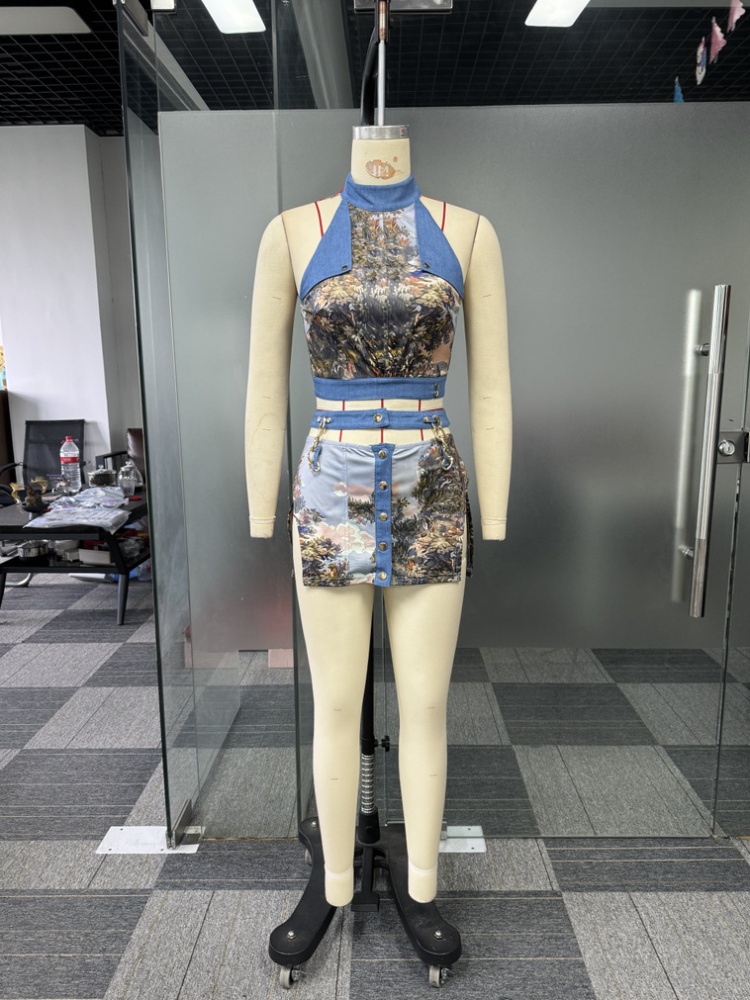 Split sexy sling bandage printing elegant tops a set