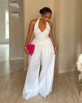 V-neck wide leg elegant halter pure slim jumpsuit