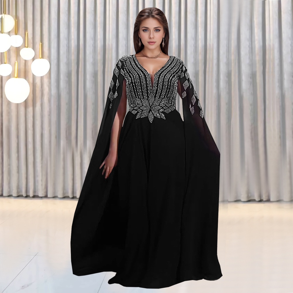 Chiffon perspective rhinestone European style dress for women
