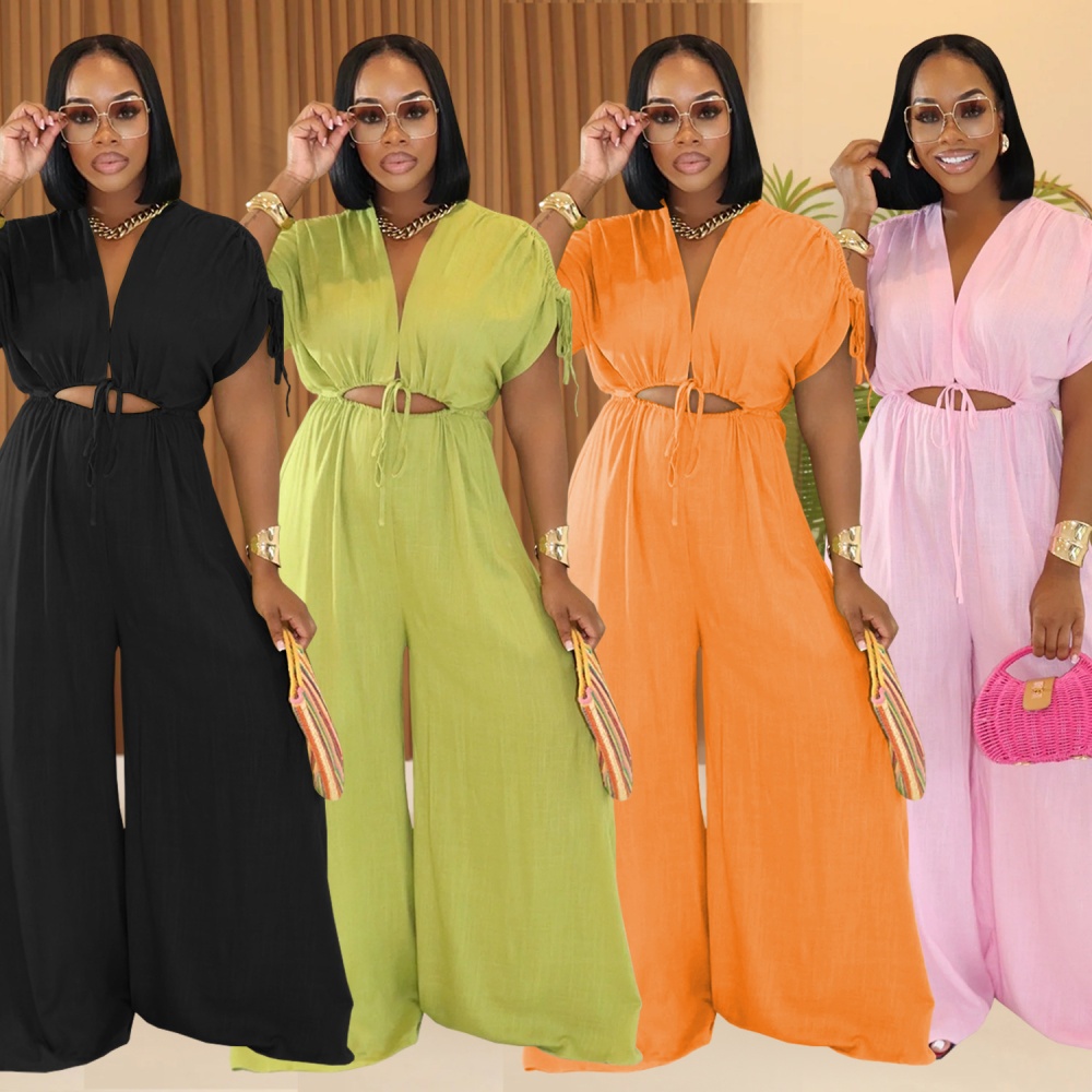 V-neck wide leg European style fashion jumpsuit for women