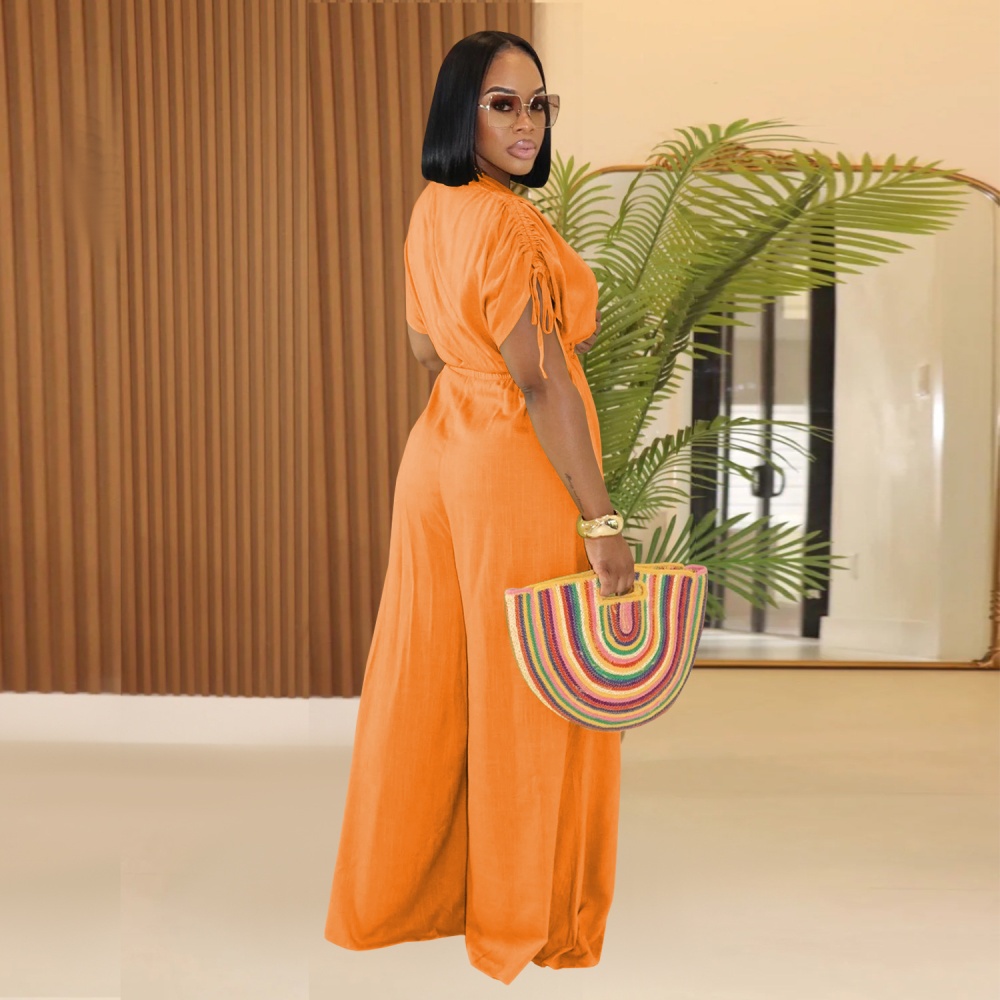 V-neck wide leg European style fashion jumpsuit for women