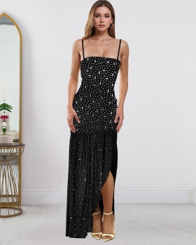 Fashion rhinestone sling split summer dress for women