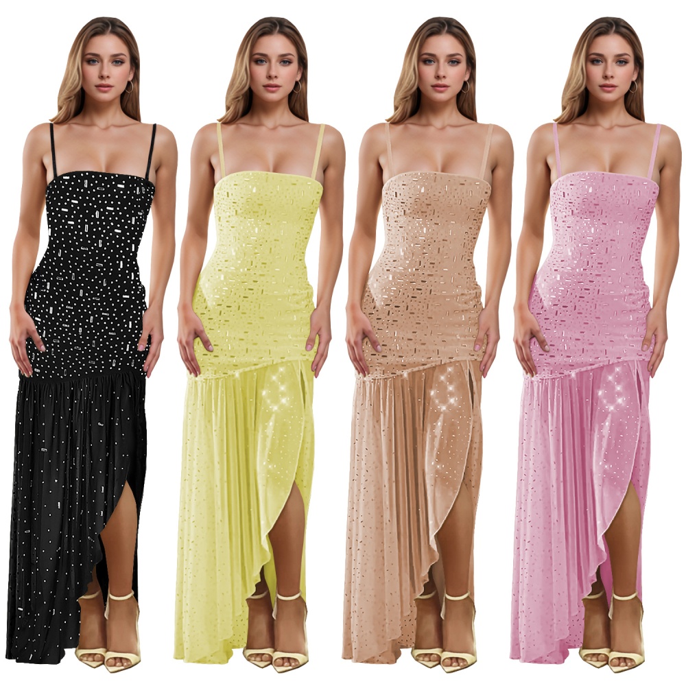 Fashion rhinestone sling split summer dress for women