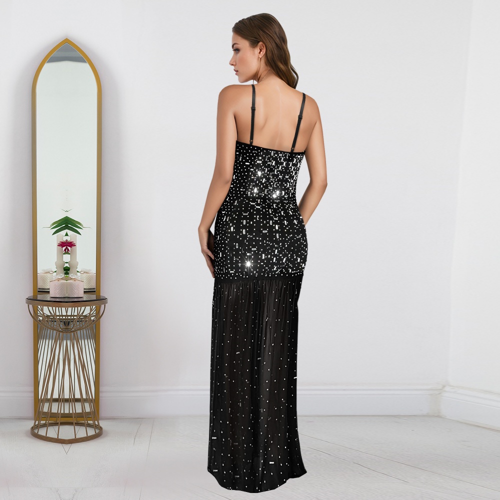 Fashion rhinestone sling split summer dress for women