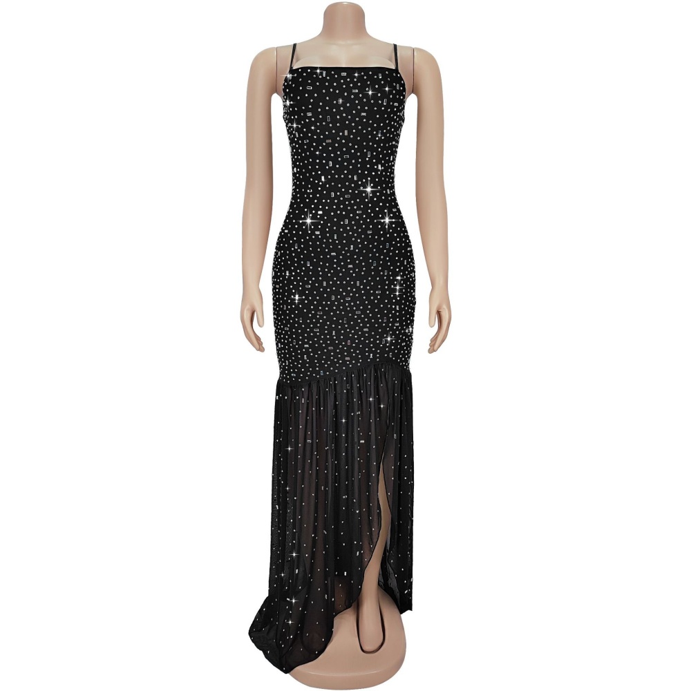 Fashion rhinestone sling split summer dress for women